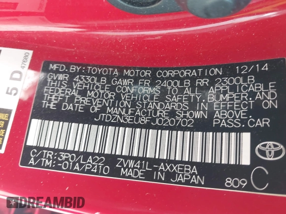 2015 Toyota Prius Two with VIN JTDZN3EU8FJ020702, listed as a IAAI auction lot 41957609 with 119,923 mi miles and . Bid and sale history available at DreamBid. Image 9.