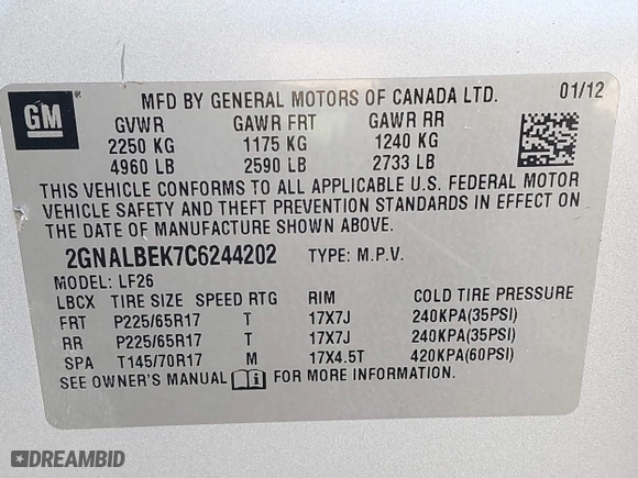 2012 Chevrolet Equinox LS with VIN 2GNALBEK7C6244202, listed as a IAAI auction lot 41307730 with 132,516 mi miles. Bid and sale history available at carsss.com. Image 9.