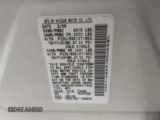 2006 Nissan Murano SL z VIN JN8AZ08T66W417450, wystawiony jako IAAI lot #42217030 z przebiegiem 256 082 mil mil oraz . Historia ofert i sprzedaży dostępna na DreamBid. Obrazek 9.