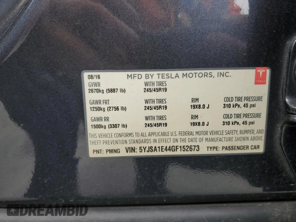 2016 Tesla Model S 90D with VIN 5YJSA1E44GF152673, listed as a Copart auction lot 50995495 with 69,439 mi miles and Salvage Title. Bid and sale history available at DreamBid. Image 12.