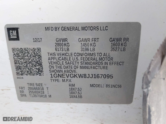 2018 Chevrolet Traverse LT Cloth with VIN 1GNEVGKW8JJ167095, listed as a IAAI auction lot 41479356 with 98,615 mi miles. Bid and sale history available at carsss.com. Image 9.