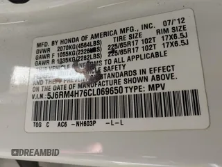 2012 Honda CR-V EX-L with VIN 5J6RM4H76CL069650, listed as a IAAI auction lot 42640309 with 223,747 mi miles and . Bid and sale history available at DreamBid. Image 9.