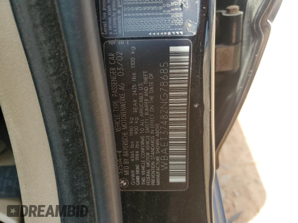 2002 BMW 3 Series 325i with VIN WBAET37482NG78685, listed as a Copart auction lot 55159125 with 107,000 mi miles and Clean Title. Bid and sale history available at carsss.com. Image 12.