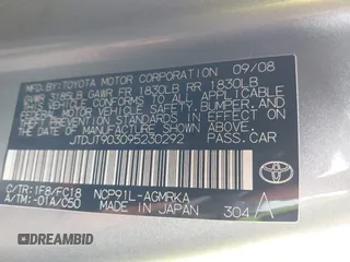 2009 Toyota Yaris with VIN JTDJT903095230292, listed as a IAAI auction lot 41958247 with 330,127 mi miles and . Bid and sale history available at DreamBid. Image 9.