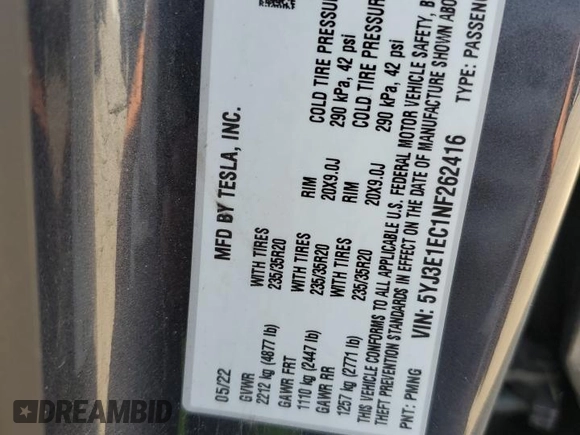 2022 Tesla Model 3 Performance with VIN 5YJ3E1EC1NF262416, listed as a Copart auction lot 54356025 with Not Provided miles and Salvage Title. Bid and sale history available at DreamBid. Image 13.