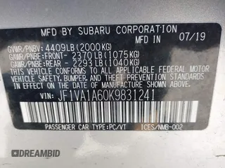 2019 Subaru WRX with VIN JF1VA1A60K9831241, listed as a IAAI auction lot 42146134 with 65,326 mi miles and . Bid and sale history available at DreamBid. Image 9.