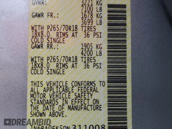 2013 Nissan Titan SV with VIN 1N6BA0EK5DN311008, listed as a Copart auction lot 70793714 with 131,464 mi miles and Non Repairable. Bid and sale history available at DreamBid. Image 13.