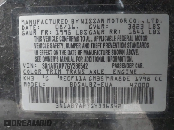 2016 Nissan Sentra SR with VIN 3N1AB7AP7GY336542, listed as a IAAI auction lot 41573204 with 107,097 mi miles and . Bid and sale history available at DreamBid. Image 9.