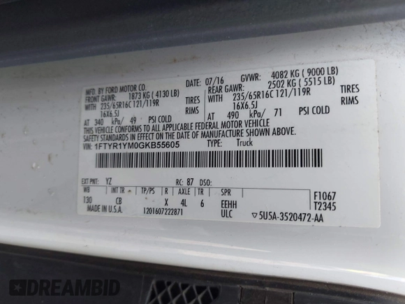 2016 Ford Transit Cargo z VIN 1FTYR1YM0GKB55605, wystawiony jako IAAI lot #42211489 z przebiegiem Nie podano mil oraz . Historia ofert i sprzedaży dostępna na DreamBid. Obrazek 9.