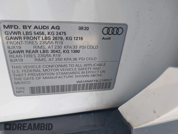 2020 Audi Q5 Premium with VIN WA1ANAFY4L2106527, listed as a IAAI auction lot 42451913 with 93,750 mi miles and . Bid and sale history available at DreamBid. Image 9.