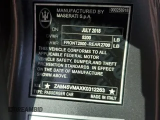 2019 Maserati GranTurismo Sport z VIN ZAM45VMAXK0312263, wystawiony jako Copart lot #58569595 z przebiegiem 4 574 mil mil oraz Szkoda całkowita • Salvage title. Historia ofert i sprzedaży dostępna na DreamBid. Obrazek 13.