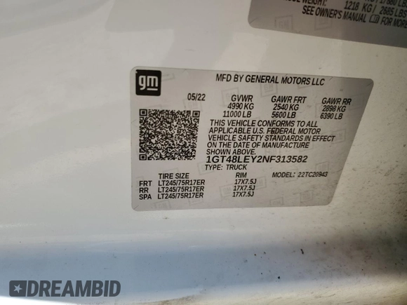 2022 GMC Sierra 1500 with VIN 1GT48LEY2NF313582, listed as a Copart auction lot 70024894 with 79,239 mi miles and Salvage Title. Bid and sale history available at DreamBid. Image 12.