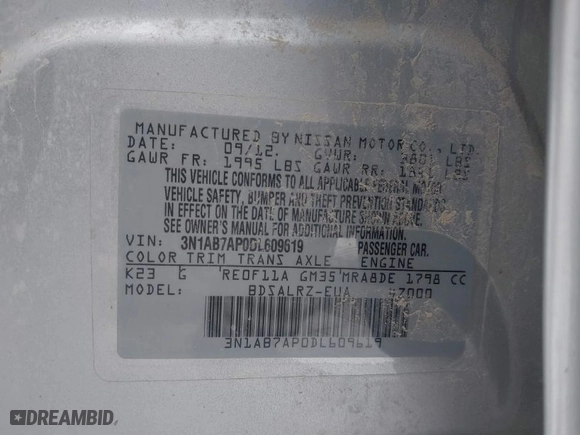 2013 Nissan Sentra SR with VIN 3N1AB7AP0DL609619, listed as a IAAI auction lot 41299588 with 121,661 mi miles. Bid and sale history available at carsss.com. Image 9.