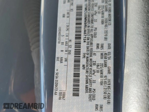 2024 Ford Escape ST-Line with VIN 1FMCU0MN9RUA67124, listed as a Copart auction lot 48119045 with 21,509 mi miles and Salvage Title. Bid and sale history available at DreamBid. Image 12.