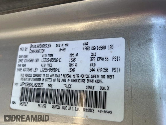 2001 Dodge 3500 with VIN 1B7MC33601J523525, listed as a Copart auction lot 79228984 with 252,894 mi miles and Clean title. Bid and sale history available at DreamBid. Image 10.