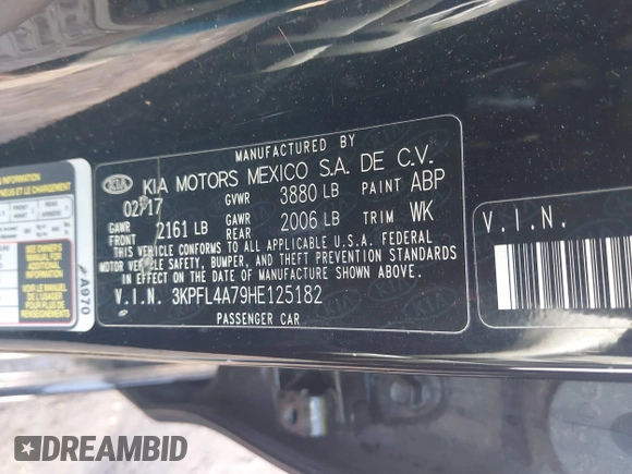 2017 Kia Forte S with VIN 3KPFL4A79HE125182, listed as a IAAI auction lot 41160149 with 89,242 mi miles and . Bid and sale history available at DreamBid. Image 9.