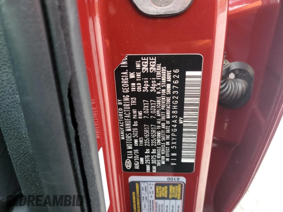 2017 Kia Sorento LX z VIN 5XYPG4A38HG237626, wystawiony jako Copart lot #57173035 z przebiegiem 141 417 mil mil oraz Szkoda całkowita • Salvage title. Historia ofert i sprzedaży dostępna na DreamBid. Obrazek 13.