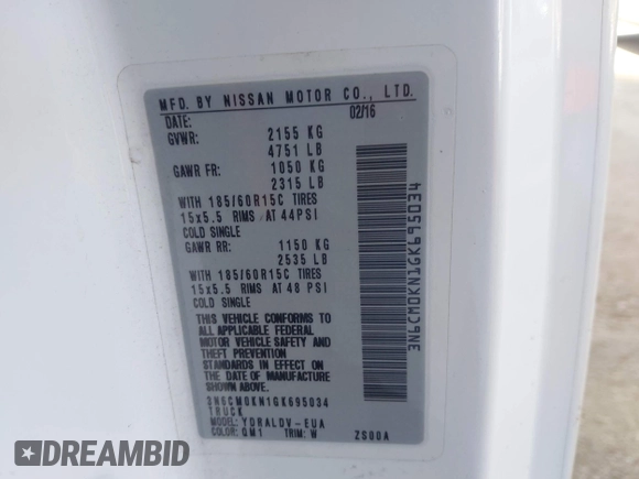 2016 Nissan NV200 S with VIN 3N6CM0KN1GK695034, listed as a IAAI auction lot 42556622 with 184,086 mi miles and . Bid and sale history available at DreamBid. Image 9.