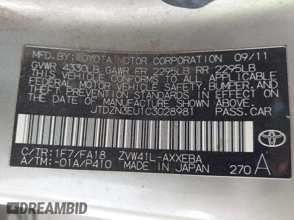 2012 Toyota Prius Two with VIN JTDZN3EU1C3028981, listed as a IAAI auction lot 42239563 with 285,031 mi miles and . Bid and sale history available at DreamBid. Image 9.