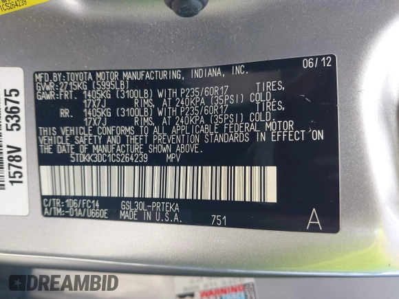 2012 Toyota Sienna LE AAS with VIN 5TDKK3DC1CS264239, listed as a IAAI auction lot 41839022 with 221,769 mi miles. Bid and sale history available at carsss.com. Image 9.