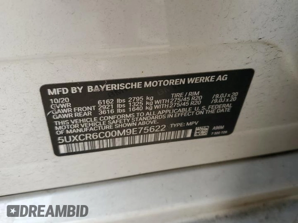 2021 BMW X5 xDrive40i with VIN 5UXCR6C00M9E75622, listed as a Copart auction lot 58568005 with Not provided miles and Salvage title. Bid and sale history available at DreamBid. Image 13.