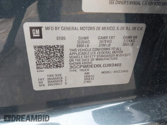 2020 Chevrolet Silverado 1500 RST with VIN 3GCPWDED0LG393465, listed as a IAAI auction lot 41707876 with 99,722 mi miles and . Bid and sale history available at DreamBid. Image 9.