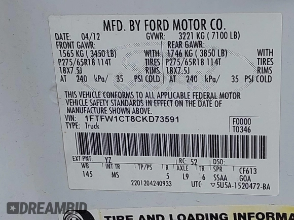 2012 Ford F-150 XL with VIN 1FTFW1CT8CKD73591, listed as a IAAI auction lot 41495742 with 200,952 mi miles. Bid and sale history available at carsss.com. Image 9.