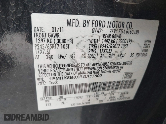 2011 Ford Explorer with VIN 1FMHK8B8XBGA17800, listed as a IAAI auction lot 42260317 with 141,042 mi miles and . Bid and sale history available at DreamBid. Image 9.