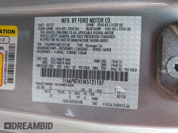 2021 Ford Mustang EcoBoost z VIN 1FA6P8TH1M5121107, wystawiony jako IAAI lot #42204097 z przebiegiem 51 542 mil mil oraz . Historia ofert i sprzedaży dostępna na DreamBid. Obrazek 9.
