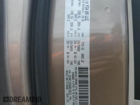 2017 Chrysler Pacifica Limited with VIN 2C4RC1GG3HR616218, listed as a Copart auction lot 58342445 with 53,536 mi miles and Salvage title. Bid and sale history available at DreamBid. Image 14.