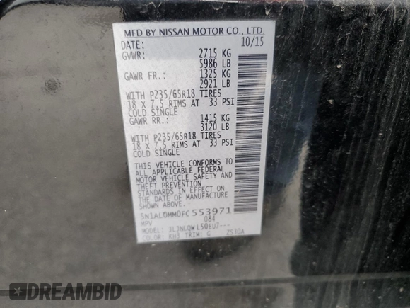 2015 Infiniti QX60 with VIN 5N1AL0MM0FC553971, listed as a Copart auction lot 51119805 with 112,169 mi miles and Salvage Title. Bid and sale history available at DreamBid. Image 13.
