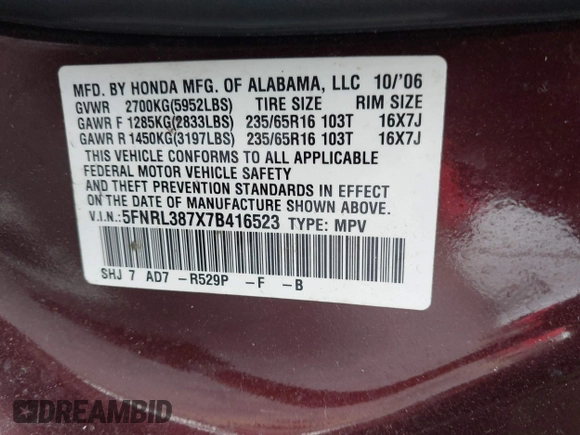 2007 Honda Odyssey EX-L z VIN 5FNRL387X7B416523, wystawiony jako IAAI lot #42245359 z przebiegiem 224 645 mil mil oraz . Historia ofert i sprzedaży dostępna na DreamBid. Obrazek 9.
