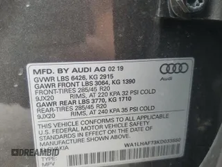 2019 Audi Q7 Premium Plus with VIN WA1LHAF73KD033550, listed as a Copart auction lot 54977045 with 51,044 mi miles and Salvage title. Bid and sale history available at DreamBid. Image 13.