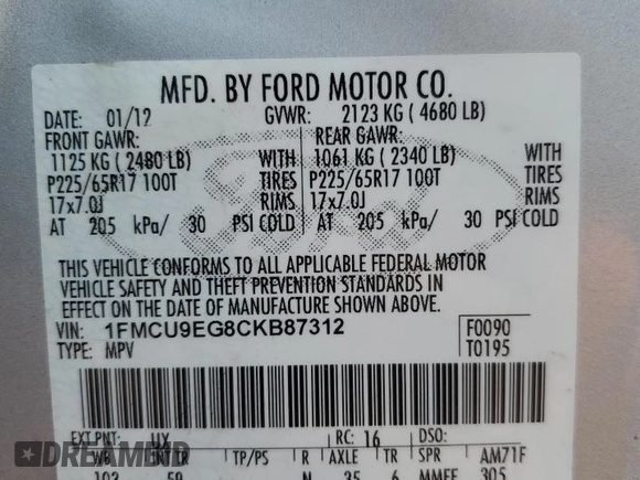 2012 Ford Escape Limited с VIN 1FMCU9EG8CKB87312, выставлен на аукционе Copart как лот 59205475 с пробегом 233 823 миль миль и Списание • Salvage title. История ставок и продаж доступна на DreamBid. Изображение 13.