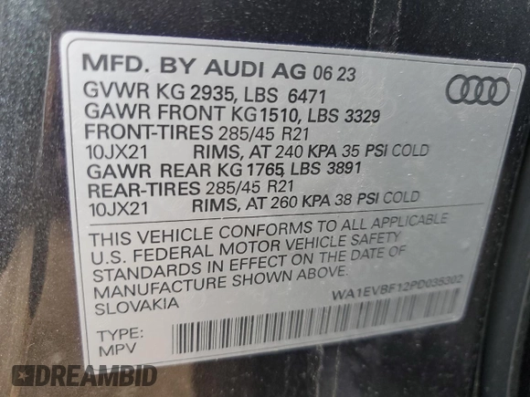 2023 Audi Q8 Premium Plus with VIN WA1EVBF12PD035302, listed as a Copart auction lot 64756094 with 8,615 mi miles and Salvage title. Bid and sale history available at DreamBid. Image 14.