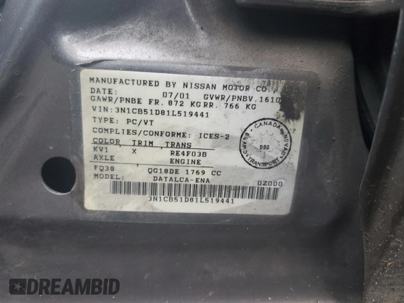 2001 Nissan Sentra GXE with VIN 3N1CB51D81L519441, listed as a Copart auction lot 43999735 with 135,677 mi miles and Salvage title. Bid and sale history available at DreamBid. Image 13.