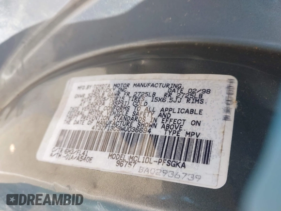1998 Toyota Sienna LE z VIN 4T3ZF13C9WU036694, wystawiony jako IAAI lot #42231375 z przebiegiem 192 027 mil mil oraz . Historia ofert i sprzedaży dostępna na DreamBid. Obrazek 9.