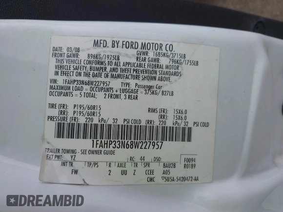 2008 Ford Focus SE z VIN 1FAHP33N68W227957, wystawiony jako IAAI lot #42321209 z przebiegiem Nie podano mil oraz . Historia ofert i sprzedaży dostępna na DreamBid. Obrazek 9.