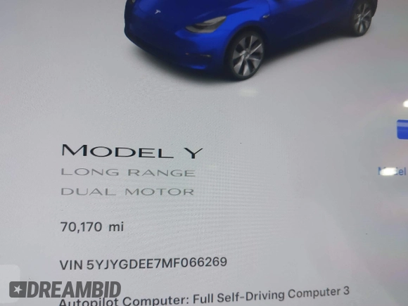 2021 Tesla Model Y Long Range with VIN 5YJYGDEE7MF066269, listed as a IAAI auction lot 42170970 with 70,170 mi miles. Bid and sale history available at carsss.com. Image 7.