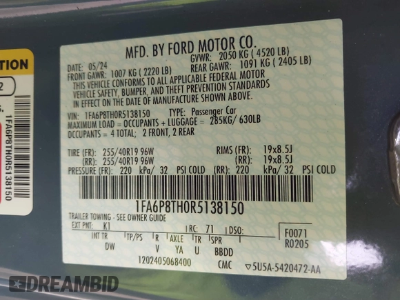 2024 Ford Mustang EcoBoost with VIN 1FA6P8TH0R5138150, listed as a IAAI auction lot 41170113 with 8,054 mi miles. Bid and sale history available at carsss.com. Image 9.