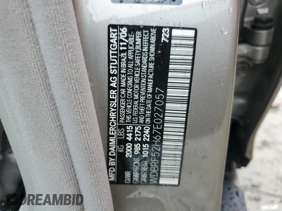 2007 Mercedes-Benz C 230 Sport with VIN WDBRF52H67E027057, listed as a Copart auction lot 59568325 with 144,208 mi miles and Salvage title. Bid and sale history available at DreamBid. Image 13.