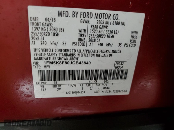 2018 Ford Explorer Limited with VIN 1FM5K8F80JGB43840, listed as a Copart auction lot 59131435 with 98,403 mi miles and Salvage title. Bid and sale history available at DreamBid. Image 13.