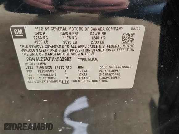 2017 Chevrolet Equinox LT with VIN 2GNALCEK6H1532903, listed as a Copart auction lot 44352855 with 87,971 mi miles and Salvage Title. Bid and sale history available at carsss.com. Image 14.