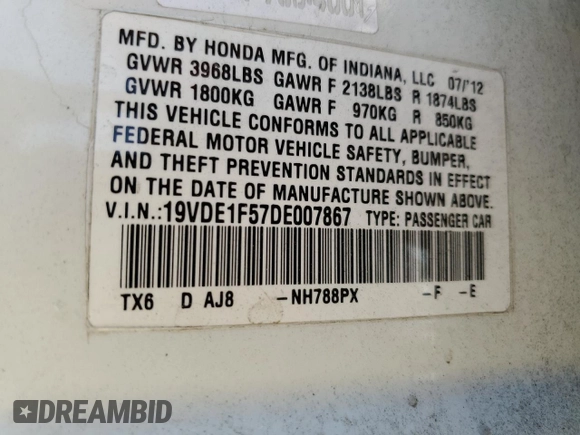 2013 Acura ILX Premium with VIN 19VDE1F57DE007867, listed as a Copart auction lot 57974225 with 174,534 mi miles and Salvage title. Bid and sale history available at DreamBid. Image 13.