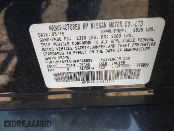 2015 Infiniti Q50 Premium with VIN JN1BV7AP9FM348009, listed as a IAAI auction lot 41852281 with 124,118 mi miles. Bid and sale history available at carsss.com. Image 9.