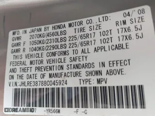 2008 Honda CR-V EX-L with VIN JHLRE38788C045924, listed as a IAAI auction lot 42049810 with 197,916 mi miles. Bid and sale history available at carsss.com. Image 9.