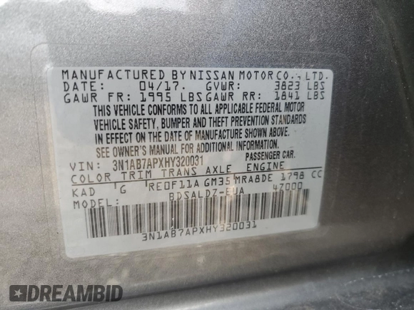 2017 Nissan Sentra S with VIN 3N1AB7APXHY320031, listed as a Copart auction lot 50646005 with 63,397 mi miles and Salvage Title. Bid and sale history available at DreamBid. Image 12.