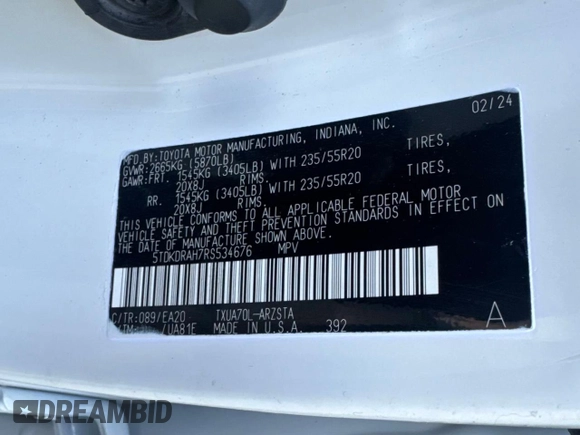 2024 Toyota Highlander LE z VIN 5TDKDRAH7RS534676, wystawiony jako Copart lot #57361405 z przebiegiem 11 321 mil mil oraz Czysty tytuł • Clean title. Historia ofert i sprzedaży dostępna na DreamBid. Obrazek 10.