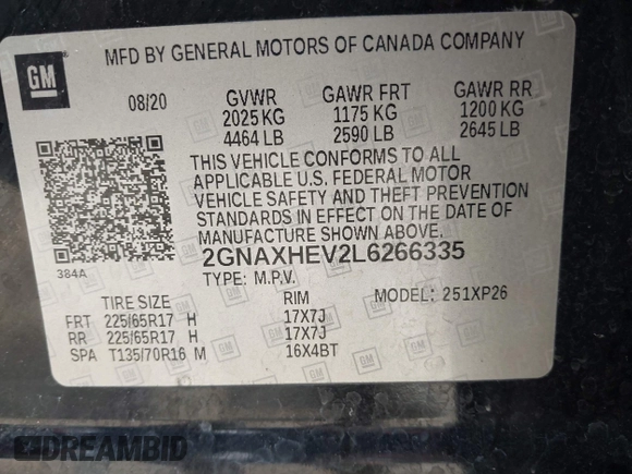 2020 Chevrolet Equinox LS with VIN 2GNAXHEV2L6266335, listed as a IAAI auction lot 41884385 with 85,441 mi miles. Bid and sale history available at carsss.com. Image 9.