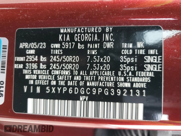 2023 Kia Telluride S z VIN 5XYP6DGC9PG392131, wystawiony jako Copart lot #57106315 z przebiegiem 9 888 mil mil oraz Szkoda całkowita • Salvage title. Historia ofert i sprzedaży dostępna na DreamBid. Obrazek 13.